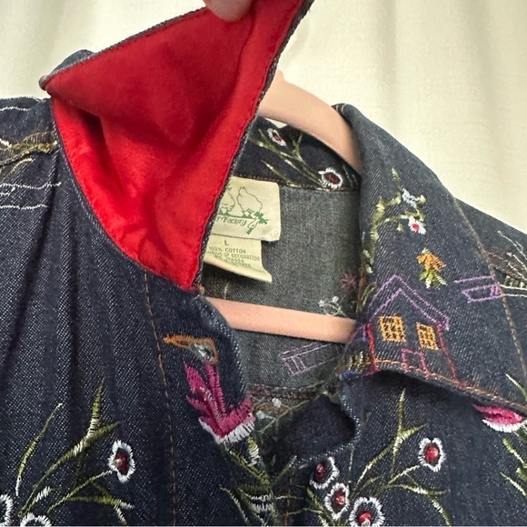Quacker Factory Jacket Embroidered Floral Blue Denim Jean Trucker Women's Size L - Picture 6 of 13